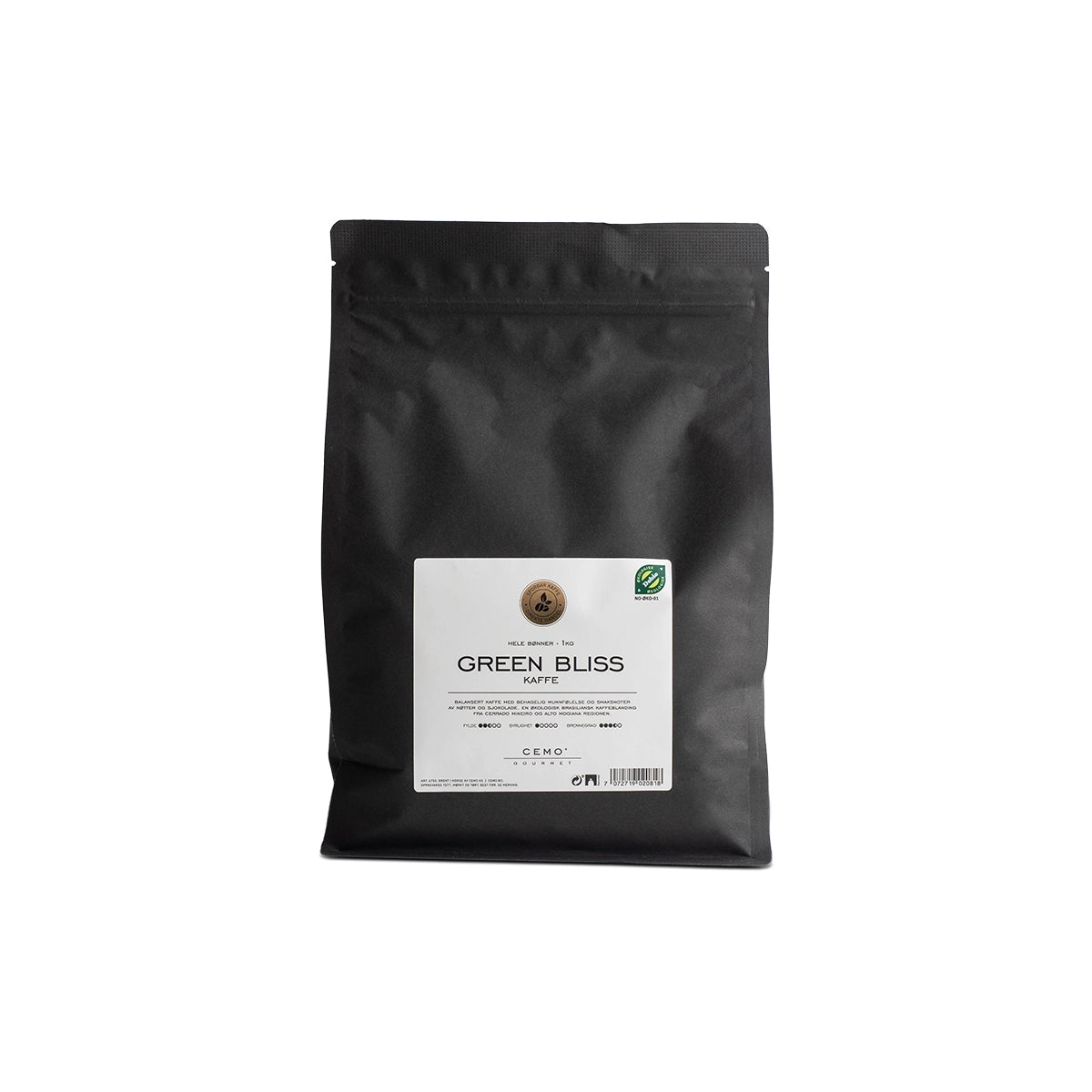 Green Bliss er en økologisk, mellombrent kaffeblend med en balansert og rund smak. En lettdrikkelig kaffe med myk ettersmak og klassiske, rene noter av nøtter og sjokolade.