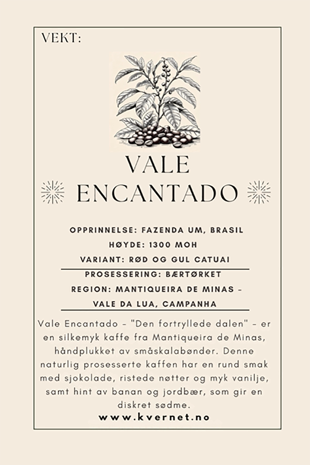 Vale Encantado er en fyldig og aromatisk espresso med klassiske brasilianske smaker. En rund og behagelig kaffe med tydelige toner av nøtter, sjokolade og vanilje – og subtile innslag av banan og jordbær for den erfarne smakeren.